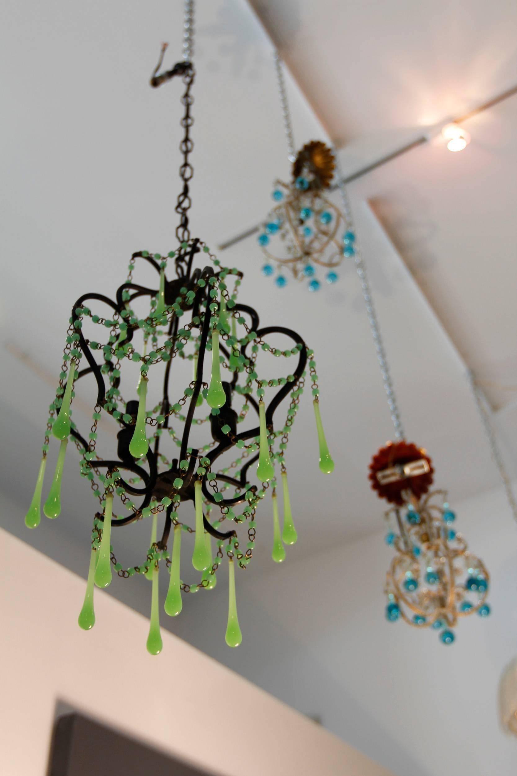 20th Century Vintage Pair of French Green Opaline Chandeliers, circa 1950s For Sale