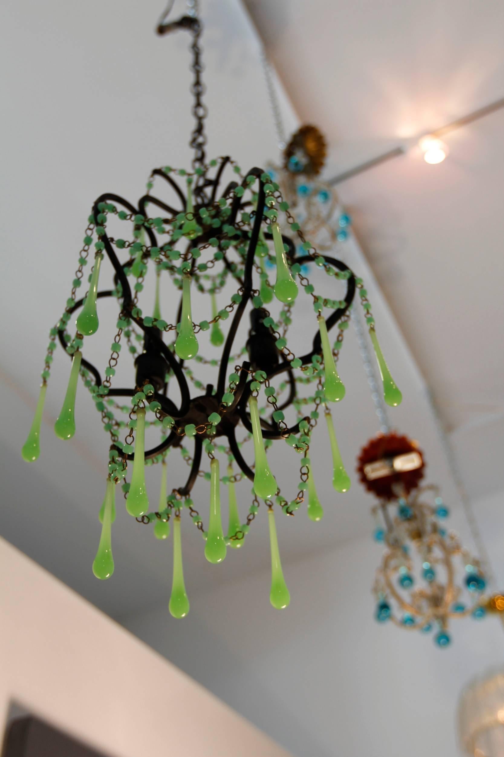 Glass Vintage Pair of French Green Opaline Chandeliers, circa 1950s For Sale