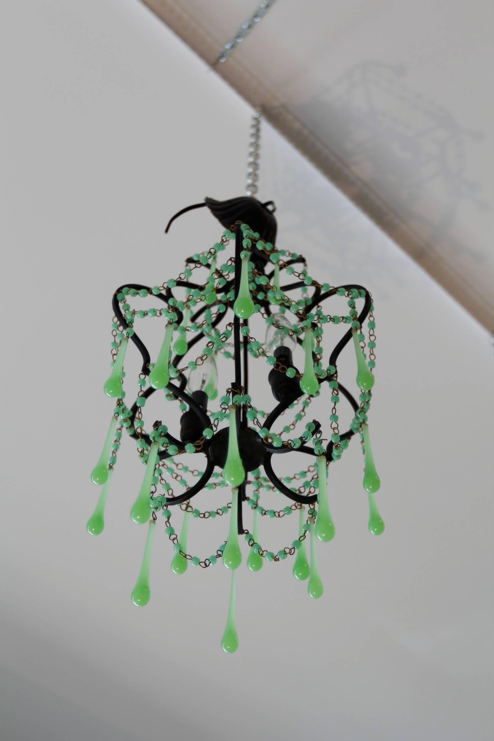 Vintage Pair of French Green Opaline Chandeliers, circa 1950s For Sale 2