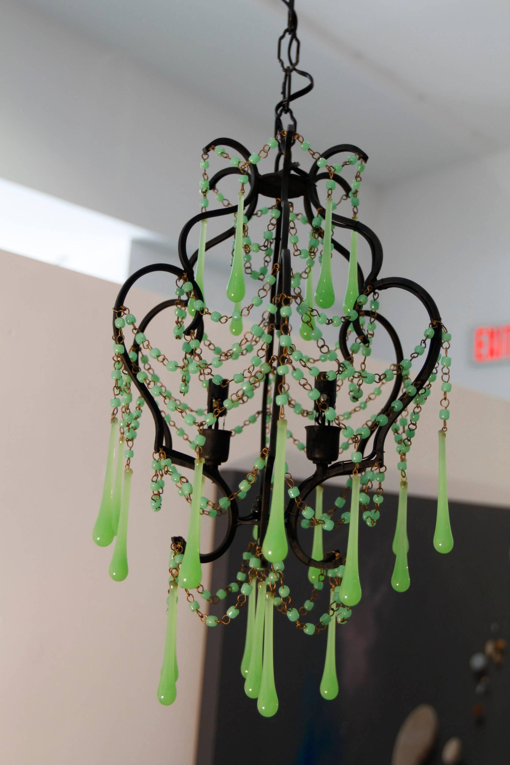 Vintage Pair of French Green Opaline Chandeliers, circa 1950s For Sale 3