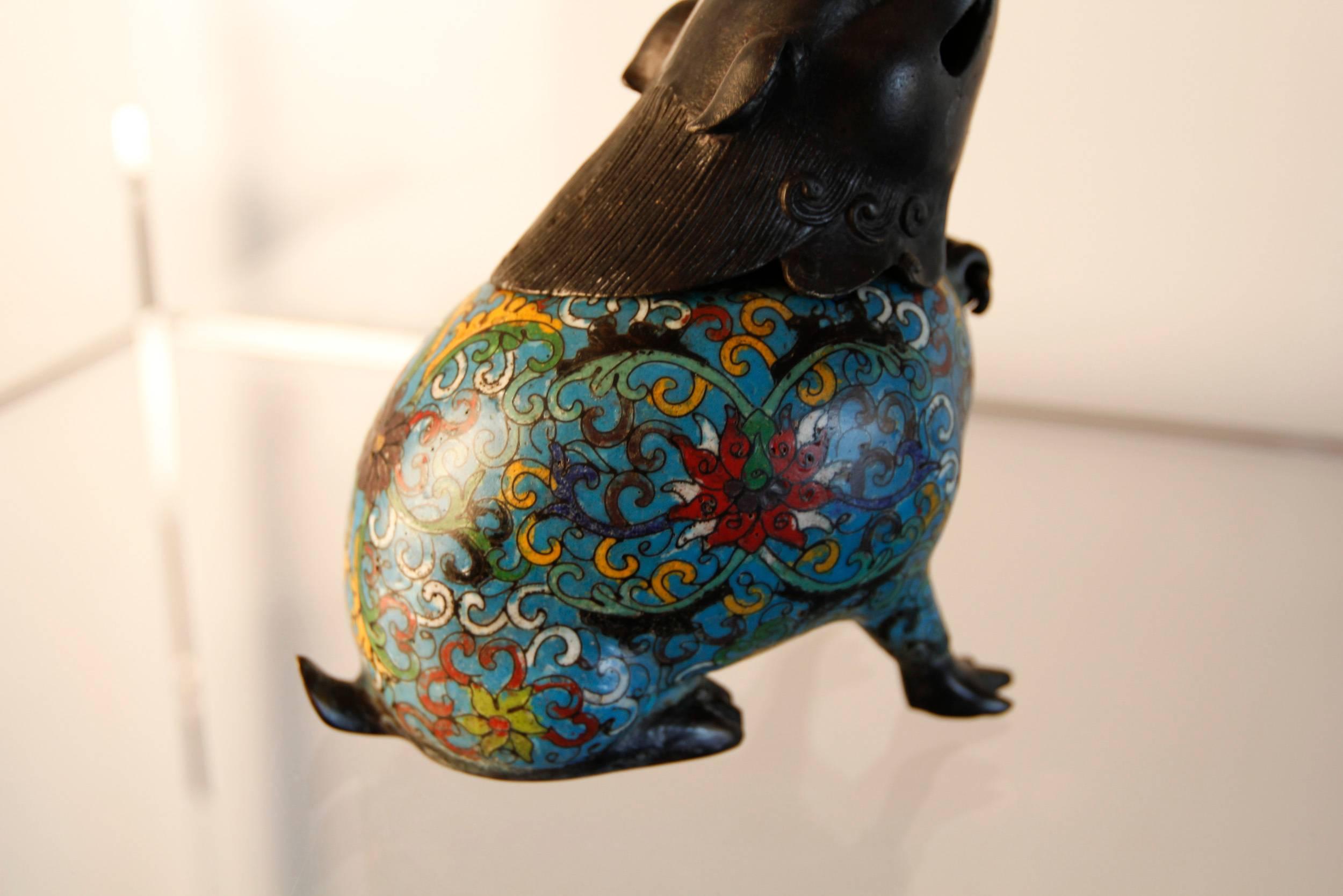 Cloissoné Mid-20th Century Chinese Bronze and Cloisonné Fu Dog Incense Burner For Sale
