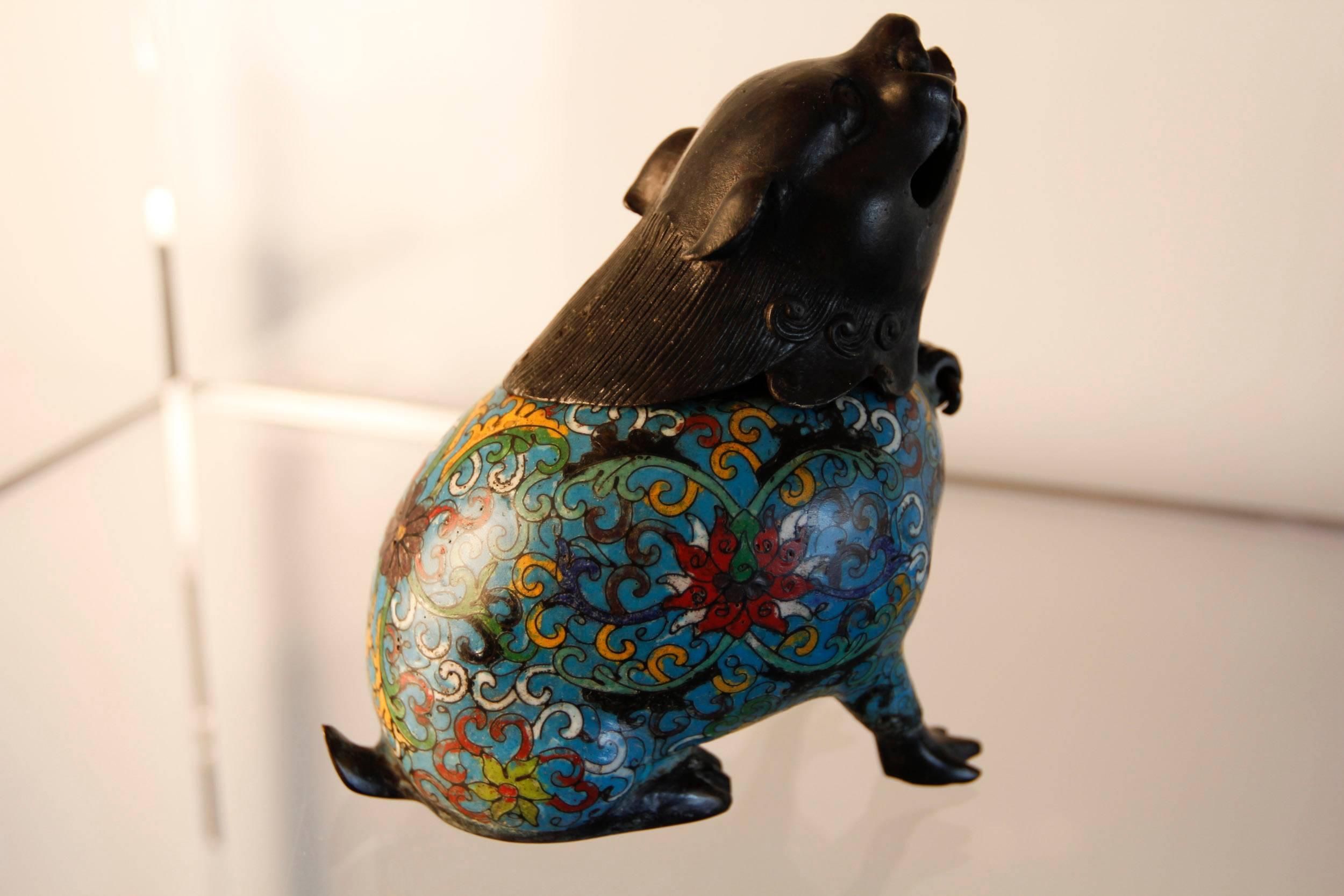 Mid-20th Century Chinese Bronze and Cloisonné Fu Dog Incense Burner In Good Condition For Sale In West Palm Beach, FL