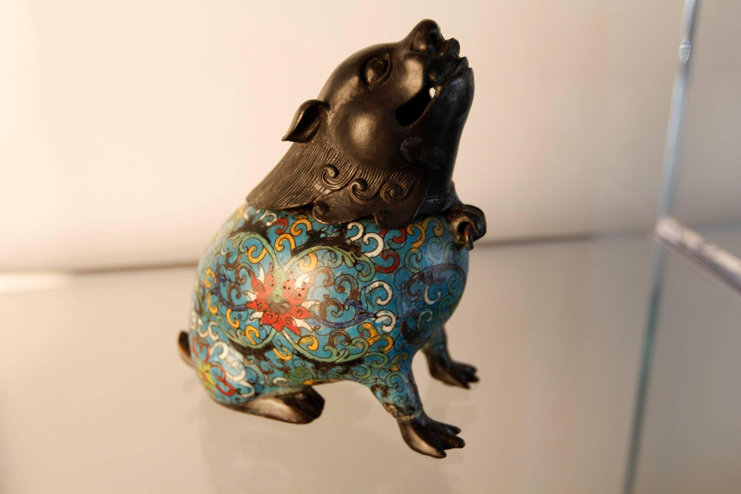 Mid-20th Century Chinese Bronze and Cloisonné Fu Dog Incense Burner For Sale 1