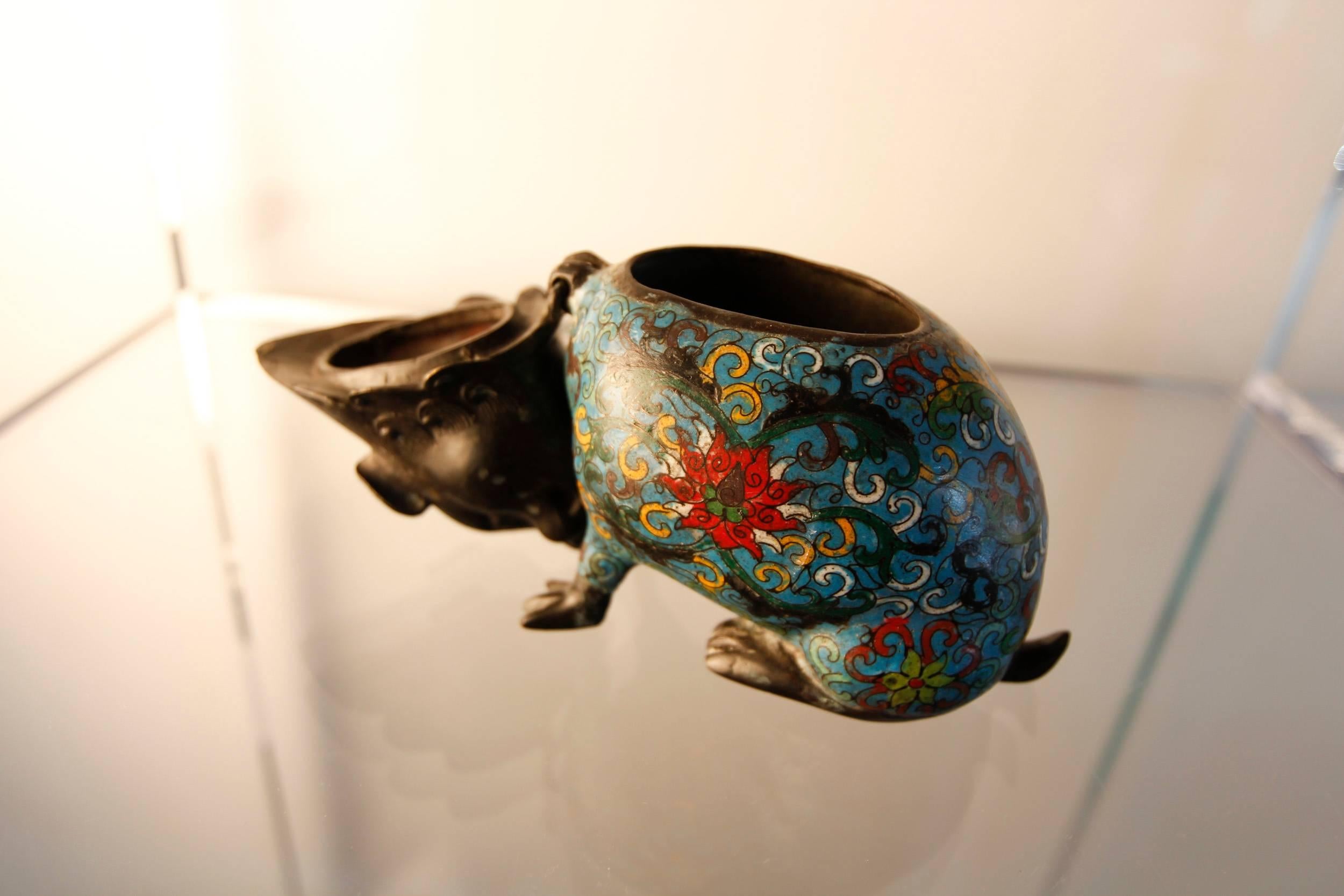 Mid-20th Century Chinese Bronze and Cloisonné Fu Dog Incense Burner For Sale 2