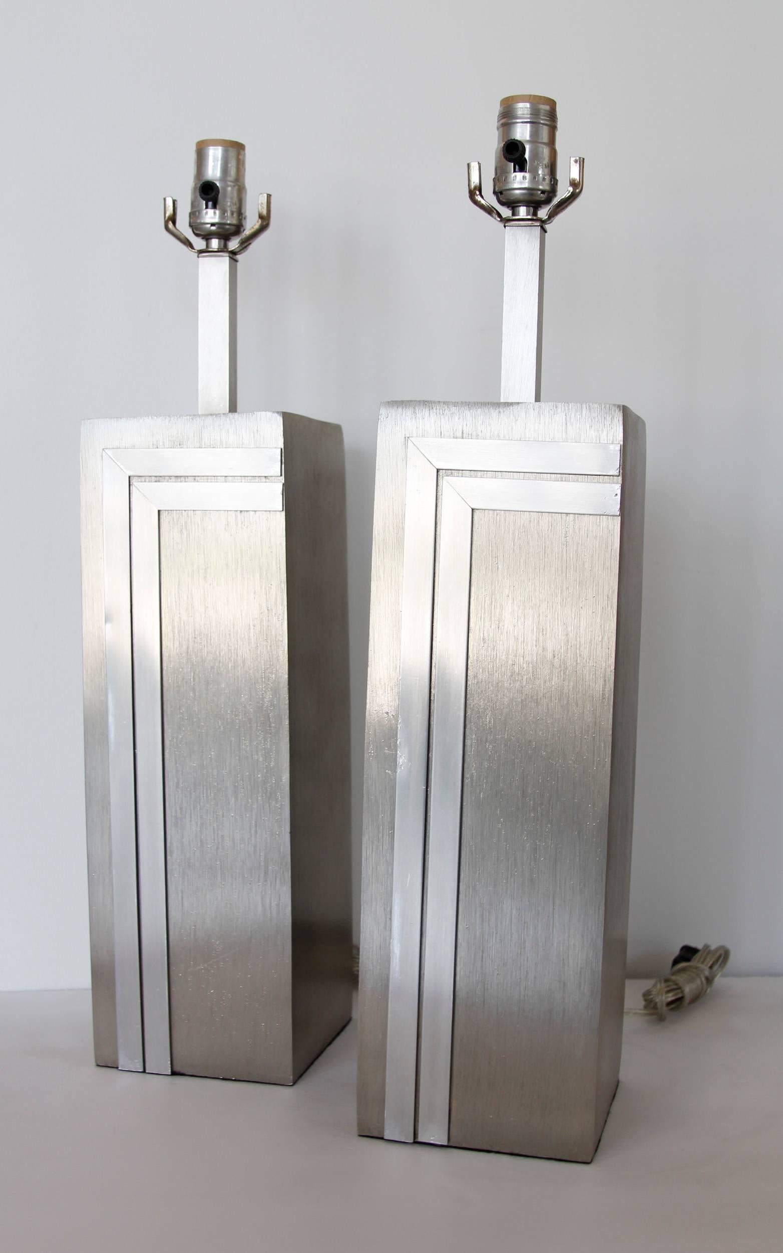 Pair of Vintage Brushed Steel Pierre Cardin Lamps In Good Condition For Sale In West Palm Beach, FL