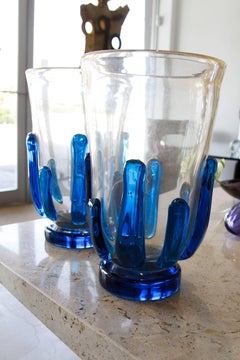 Pair of Large Murano Glass Vases Attributed with Blue Accents
