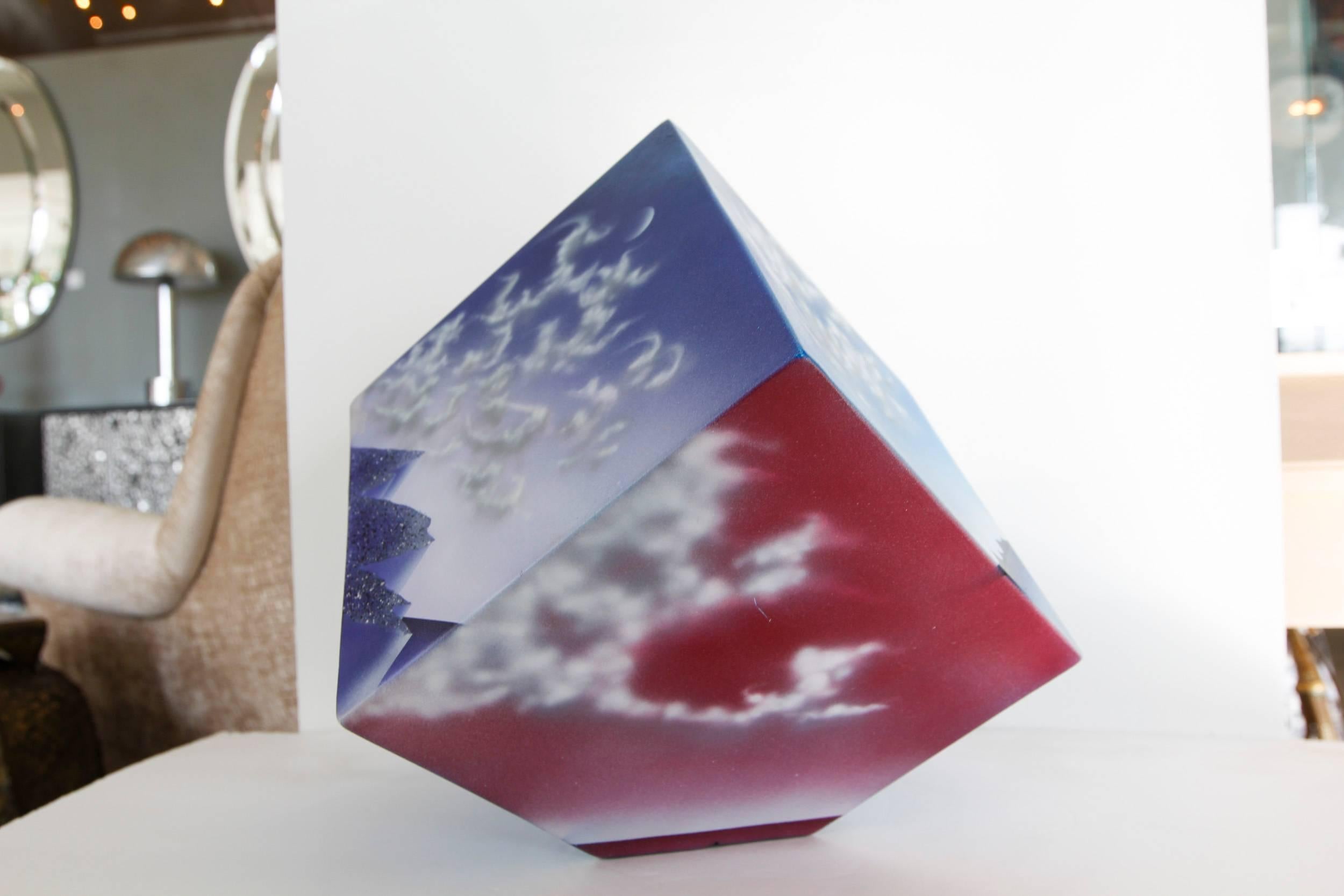 Post-Modern Ceramic Cube Sculpture with Atmospheric Images For Sale