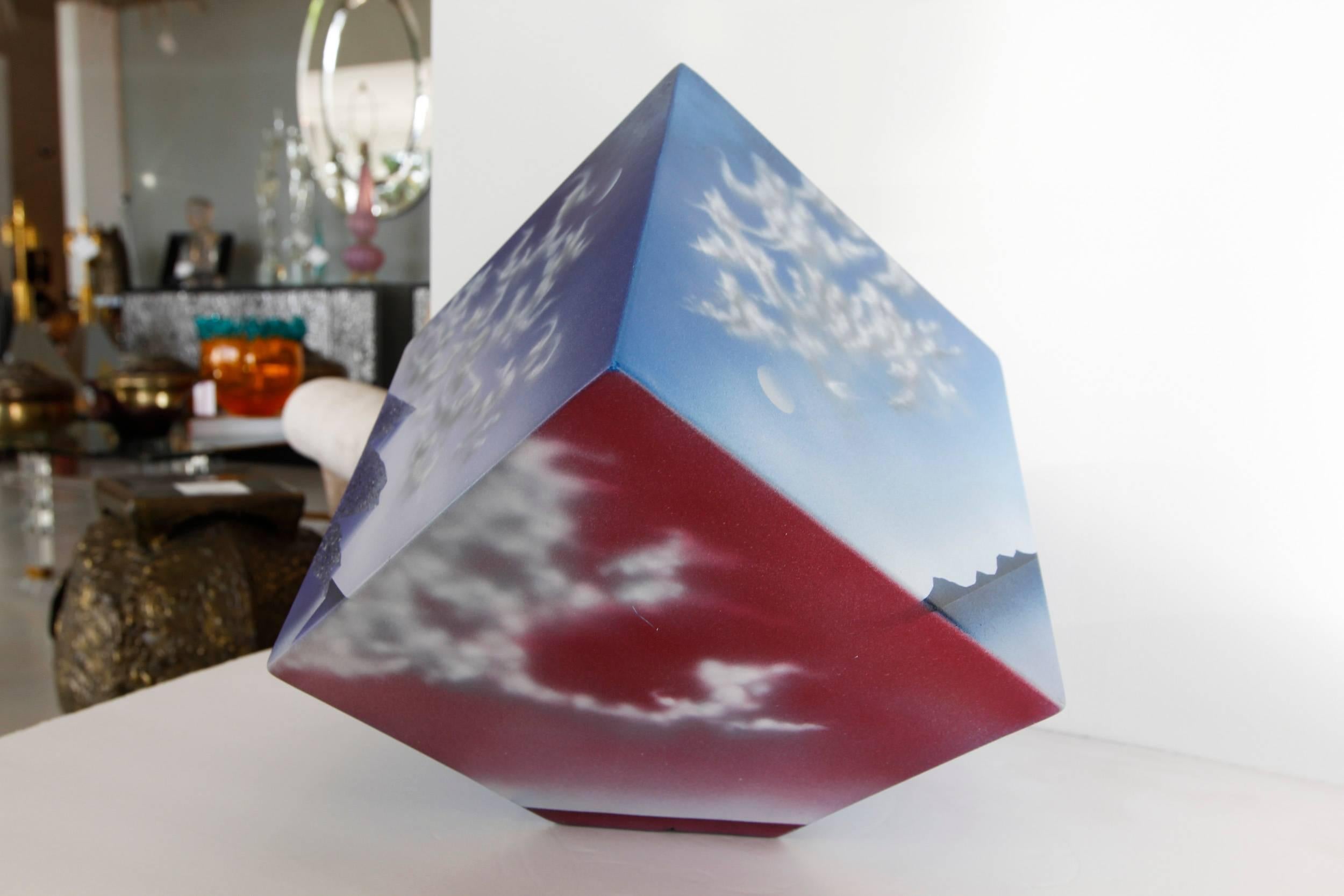 Unknown Ceramic Cube Sculpture with Atmospheric Images For Sale