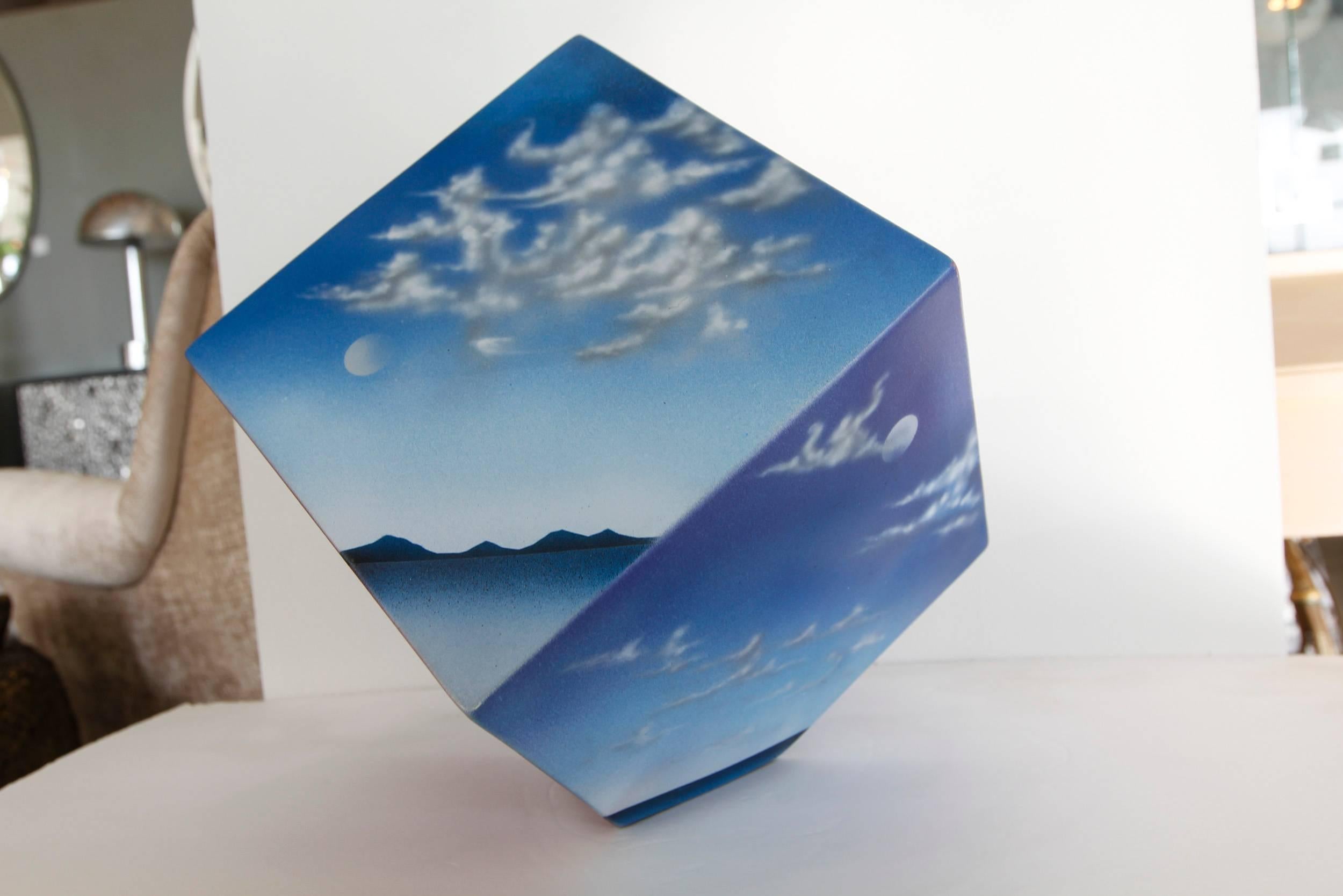 Ceramic Cube Sculpture with Atmospheric Images In Good Condition For Sale In West Palm Beach, FL