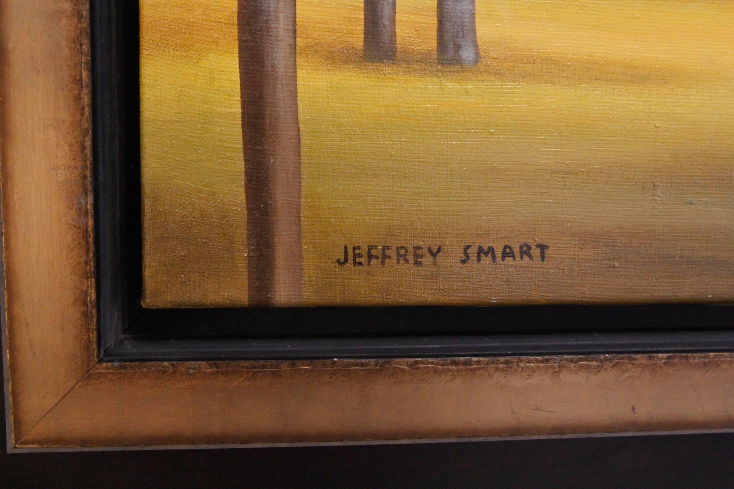 Oil painting depicting train cars with trees in the forefront of the composition. Painted in style of Jeffrey Smart, but not his hand.