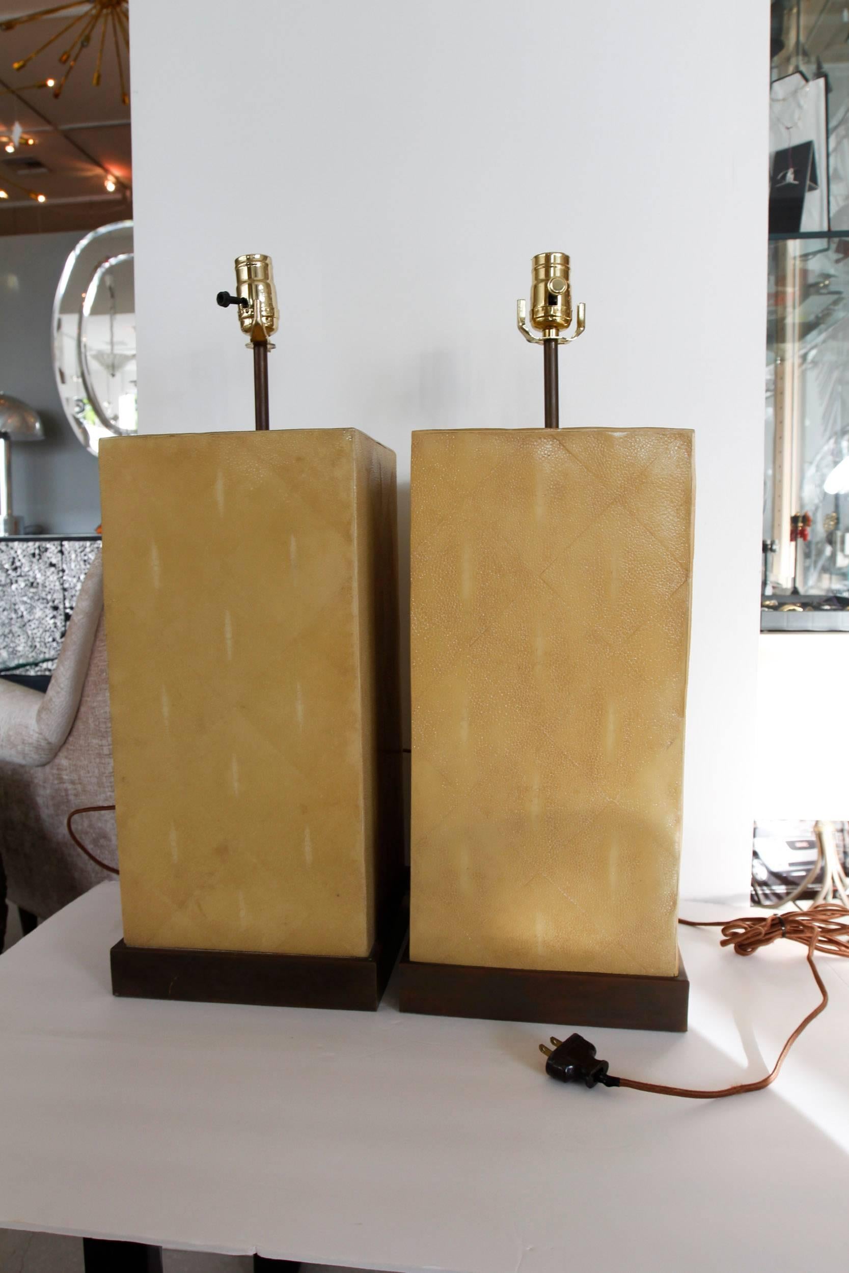Pair of vintage geometric  shagreen lamps which lend a design nod to Samual Marx.