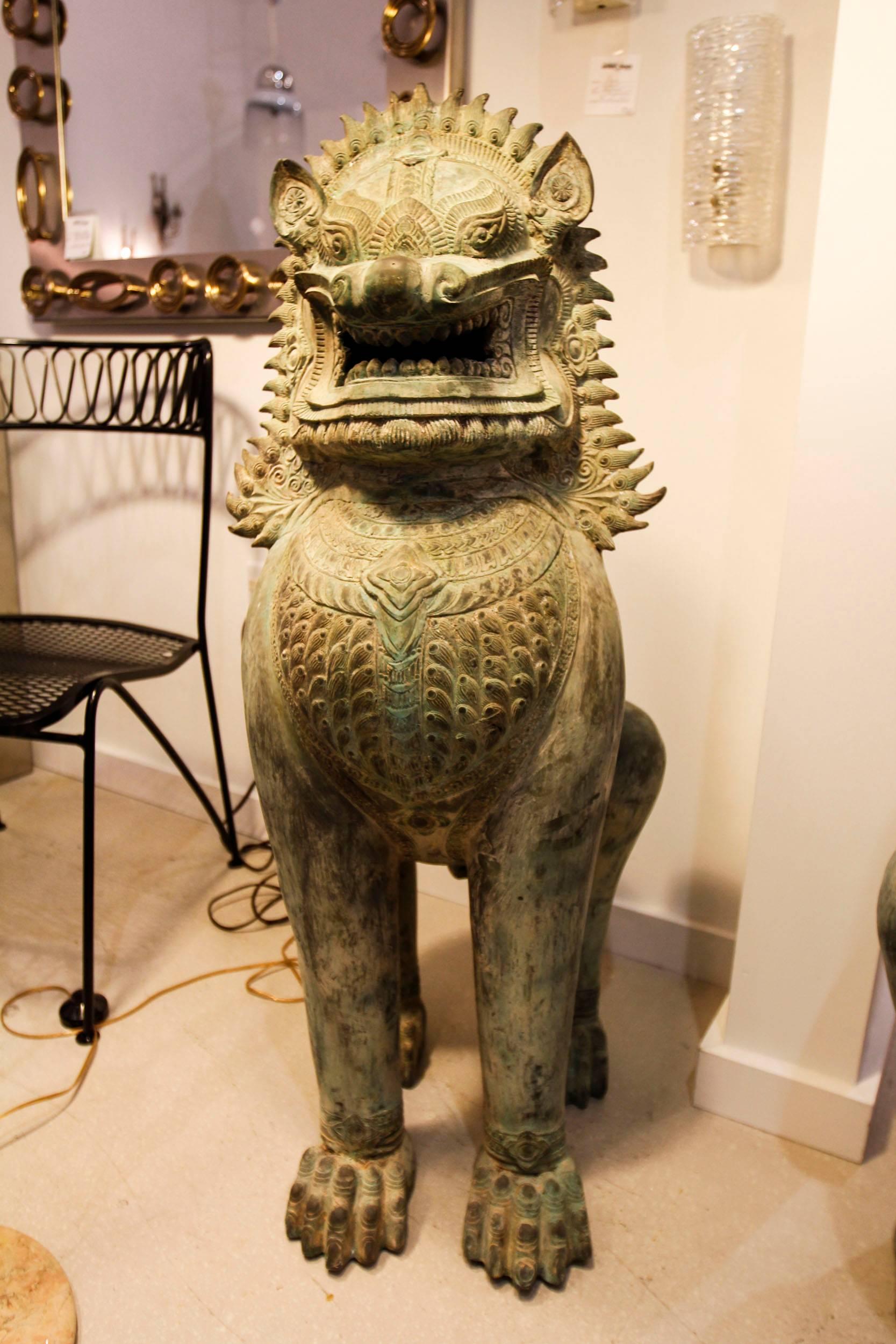 Hollywood Regency Pair of Monumental Asian Bronze Foo Dogs For Sale