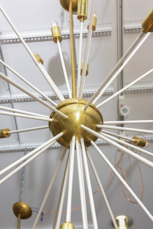 Large white enamel and brass Sputnik chandelier made in Italy, rewired for US standards.