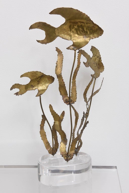 Brass Brutalist Fish Sculpture on Lucite Base For Sale