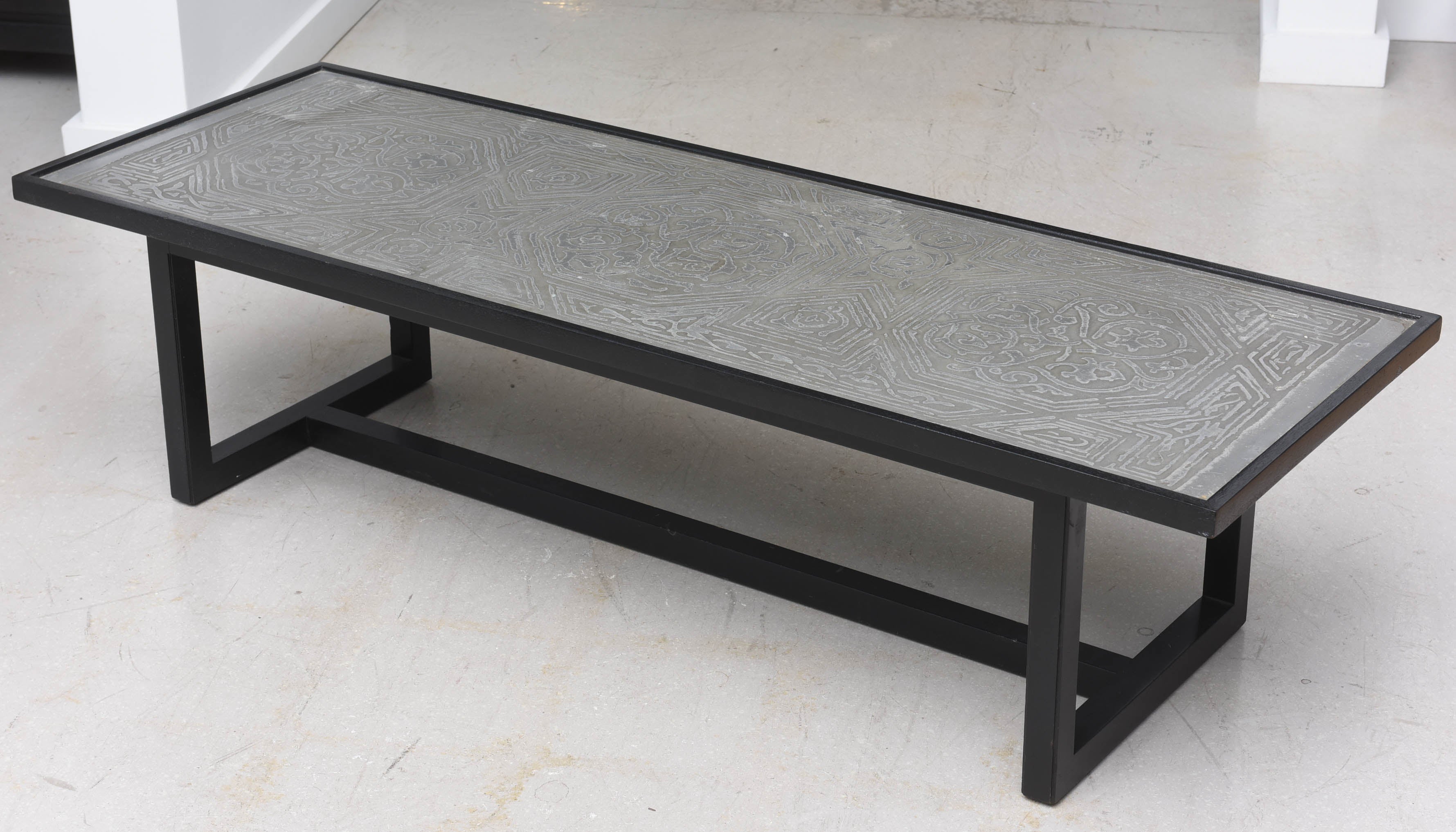 French Ebonized Wood Coffee Table with Etched Metal Motif For Sale