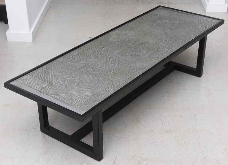 French Ebonized Wood Coffee Table with Etched Metal Motif In Good Condition For Sale In West Palm Beach, FL
