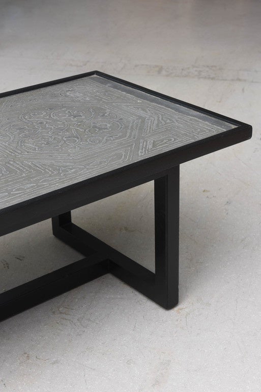 20th Century French Ebonized Wood Coffee Table with Etched Metal Motif For Sale