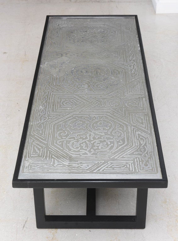 French Ebonized Wood Coffee Table with Etched Metal Motif For Sale 3