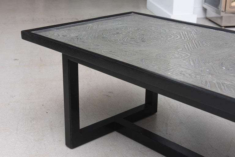 French Ebonized Wood Coffee Table with Etched Metal Motif For Sale 4