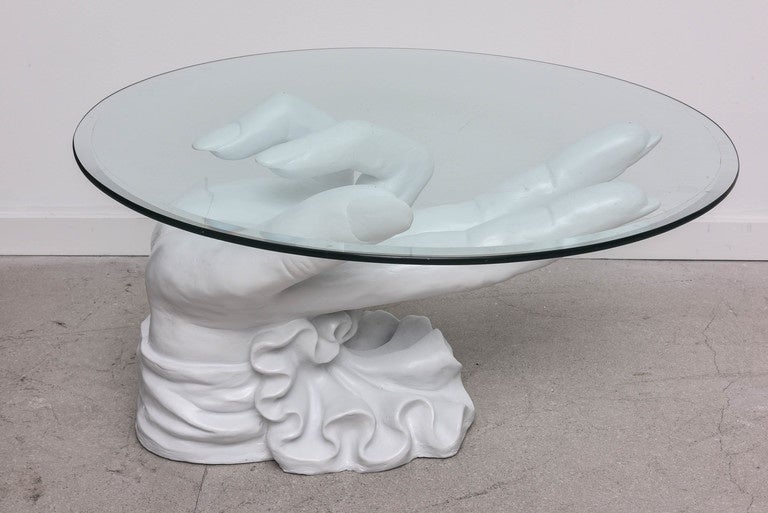 Glass Sculptural White Plaster Hand Coffee Table