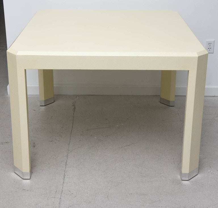 Vintage square grasscloth game table, eggshell in color with chrome capped legs.