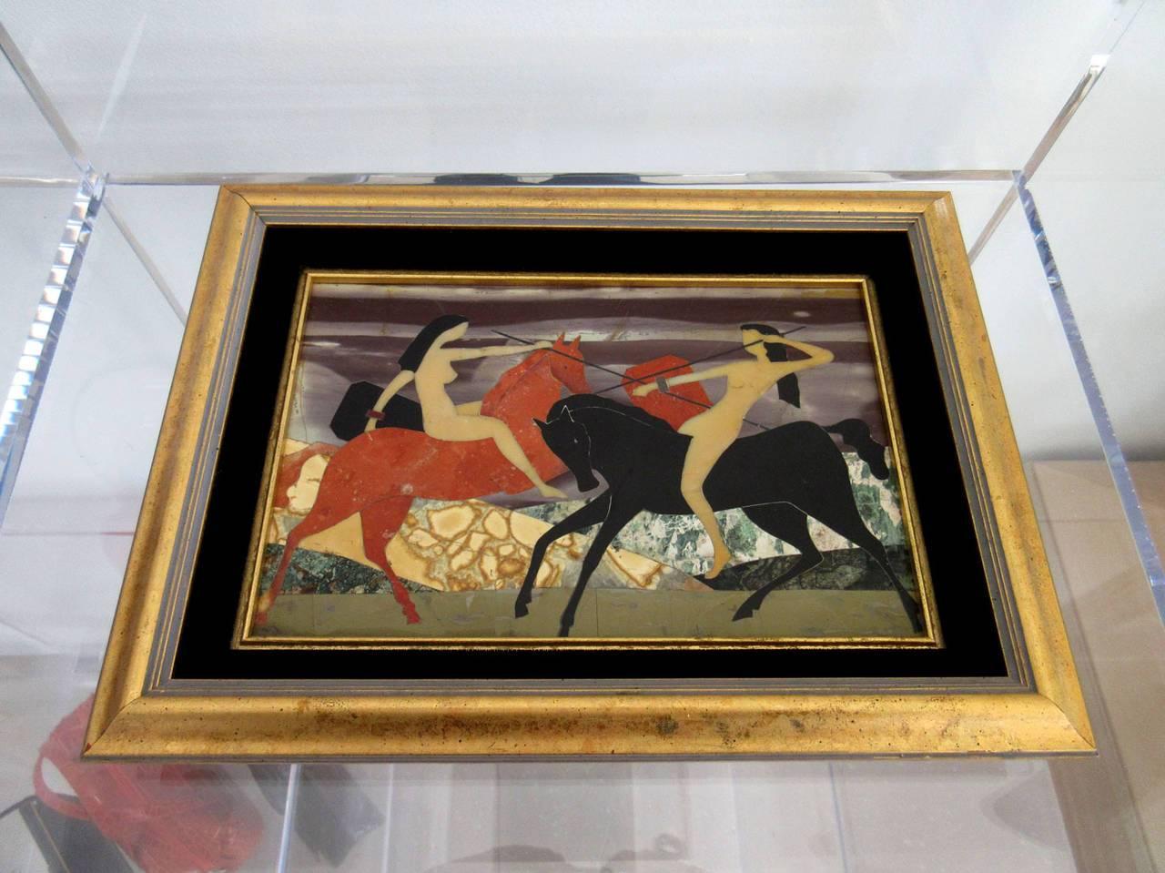 Vintage modernist Pietra Dura depicting female nude warriors on horseback. Dynamic composition, masterfully inlaid stone work.