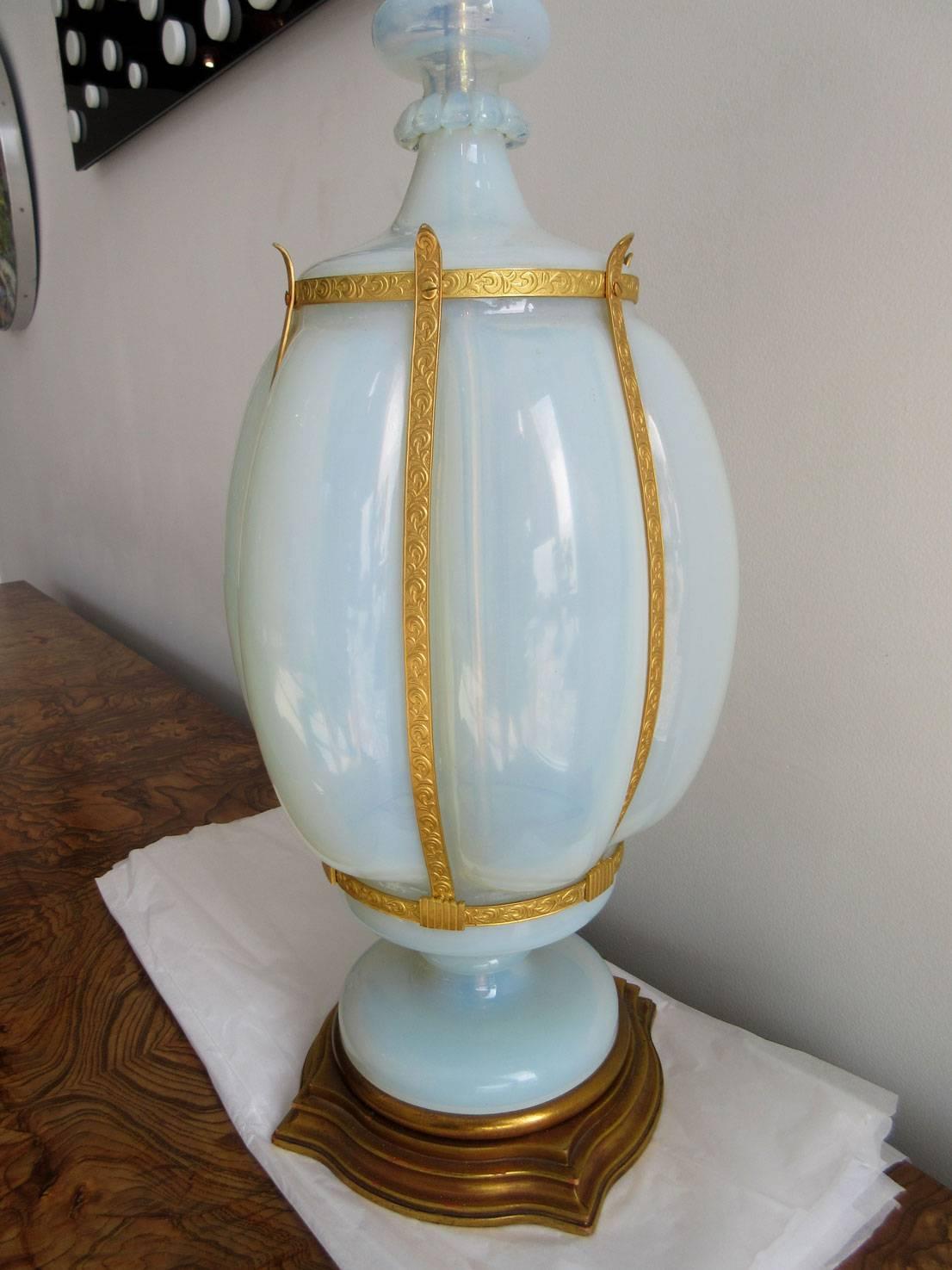Mid-20th Century Pair of Vintage Marbro Barovier Opalescent Sky-Blue Lamps For Sale