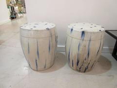 Pair of Chinese Ceramic Garden Seats with Blue and Green Tie-Dye Glaze