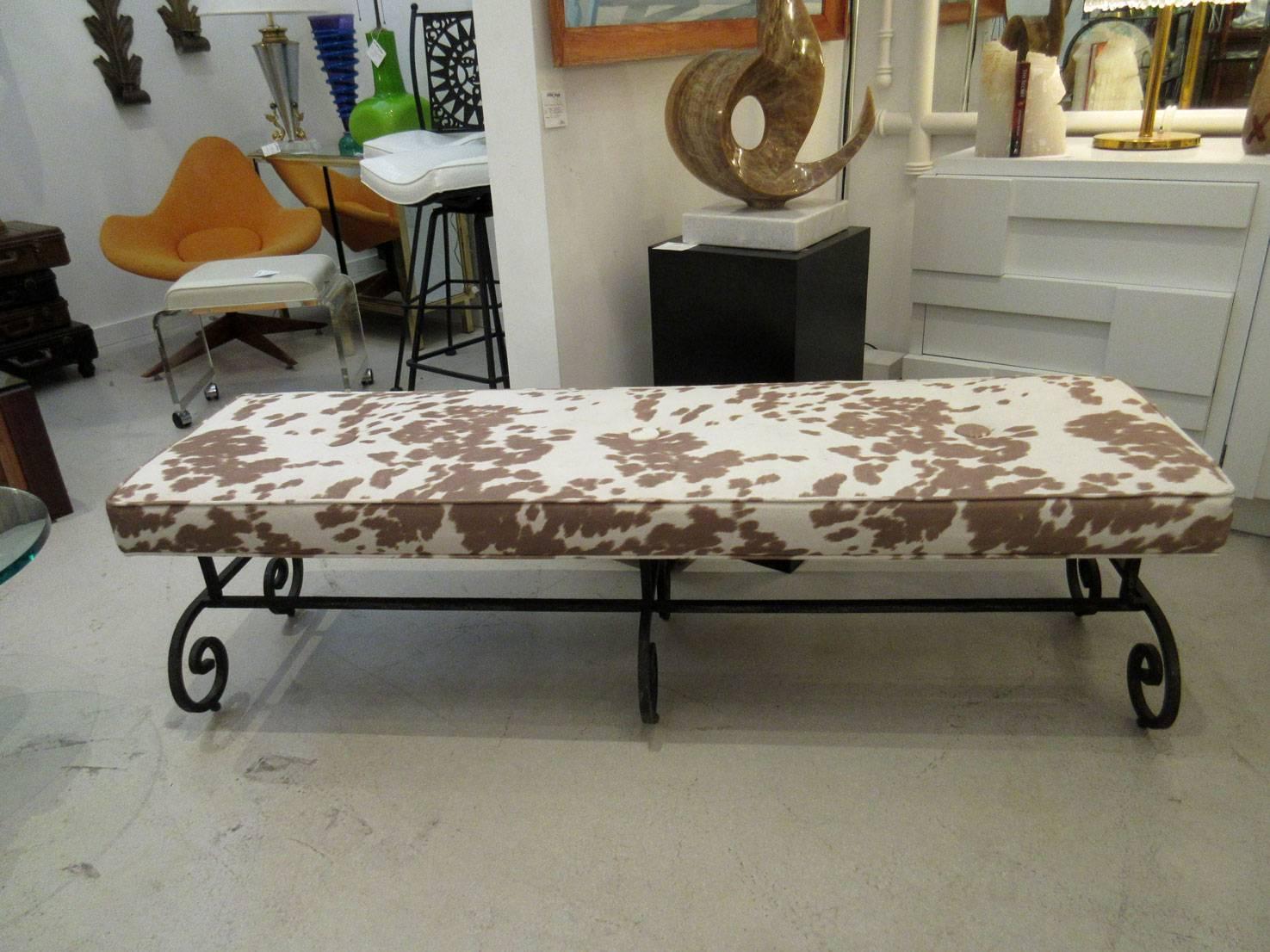Organic Modern Faux Cowhide Bench with Black Iron Base For Sale