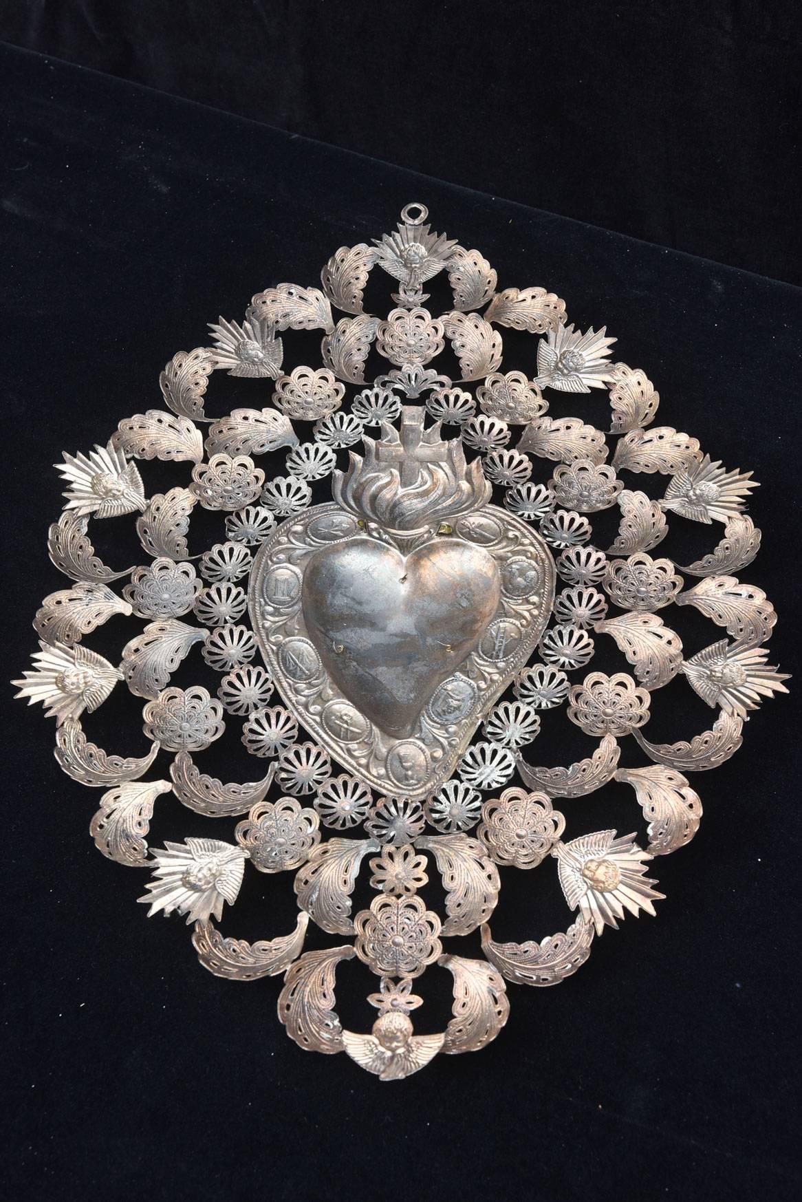 Baroque Italian Antique Large Silver Sacred Heart Ex-Voto Monogramed 