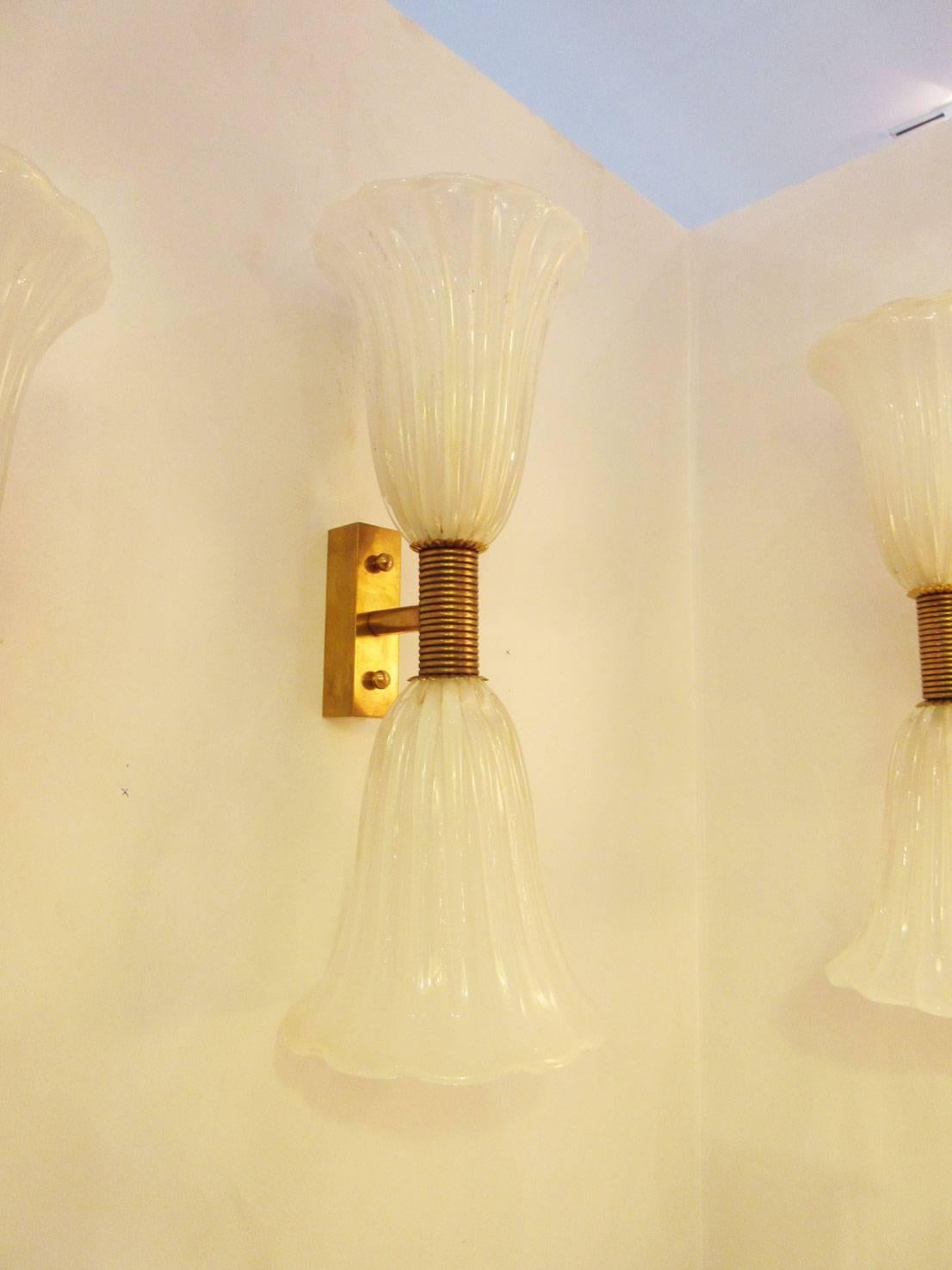Italian Pair of Fluted Murano Glass Sconces For Sale