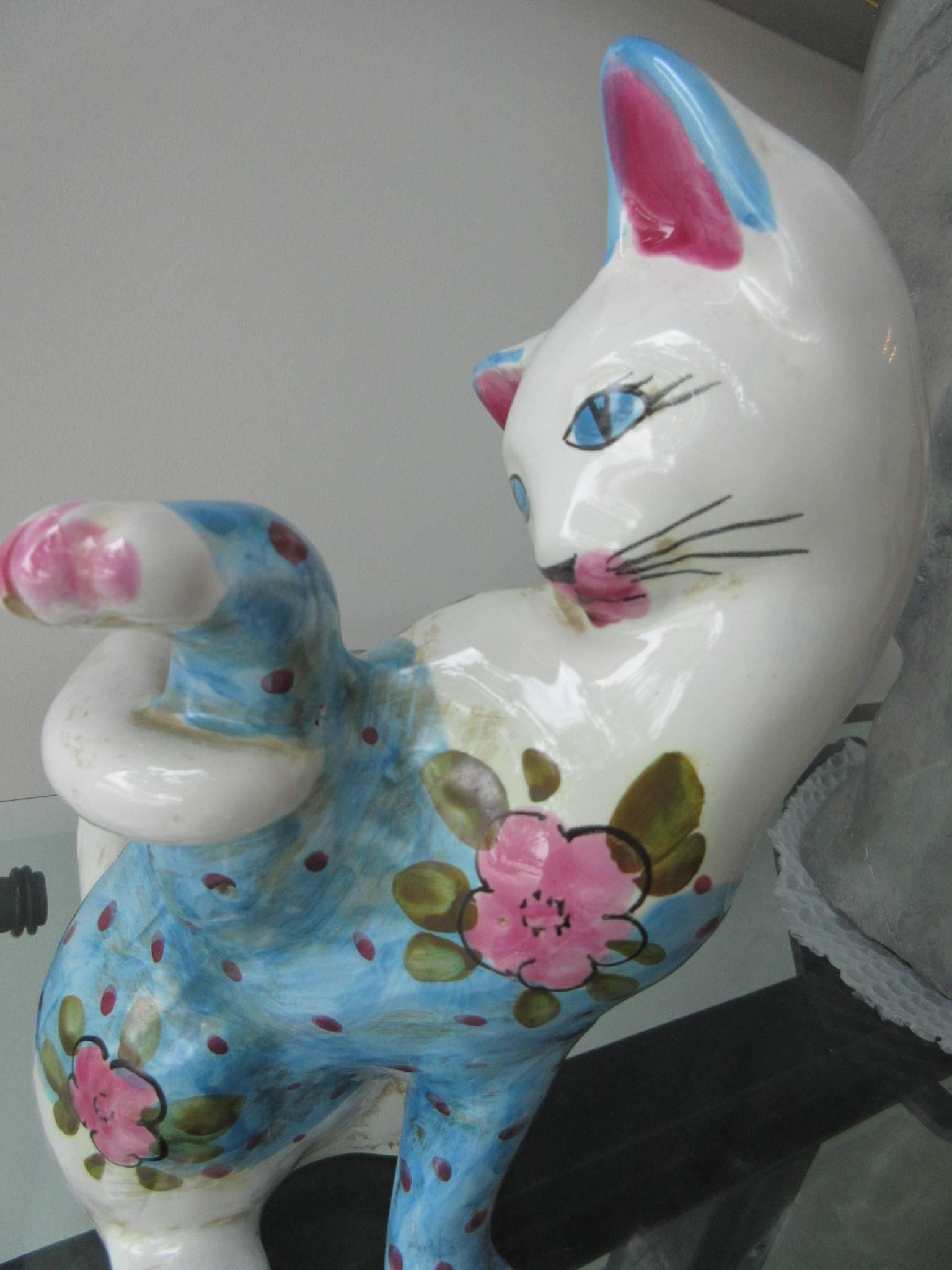 Vintage Italian Ceramic Cat 'Smaller' Handmade in Italy, Fornasetti Style In Good Condition For Sale In West Palm Beach, FL