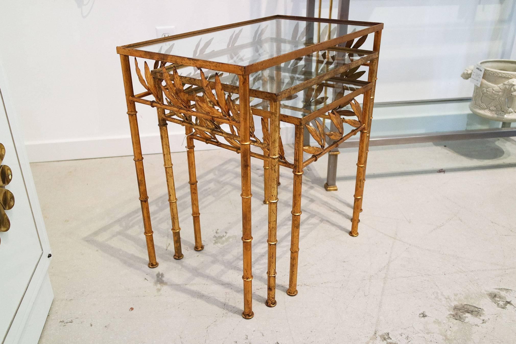 Hollywood Regency Set of Three Gilt Bamboo Italian Nesting Tables