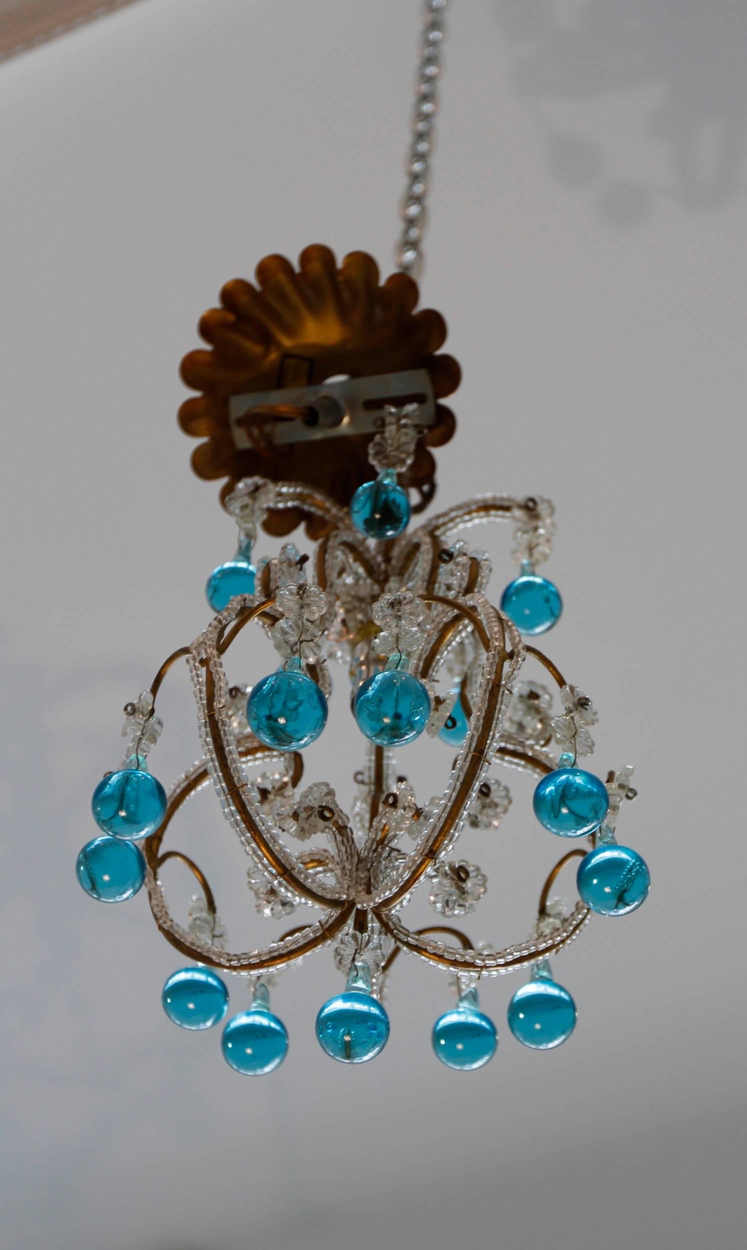 Pair of Vintage Petite Blue Beaded Murano Glass Chandeliers For Sale 1