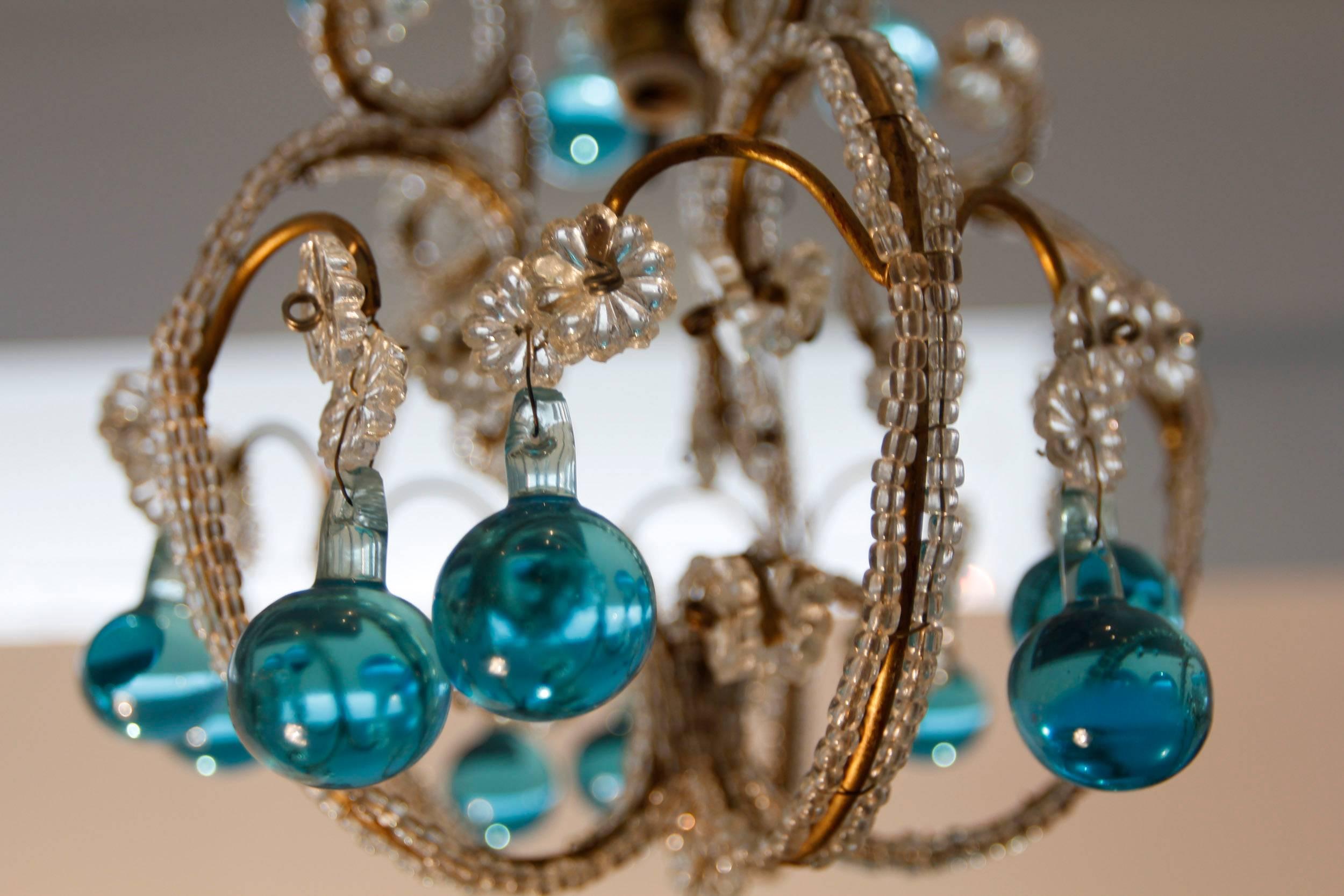 Pair of Vintage Petite Blue Beaded Murano Glass Chandeliers For Sale 2
