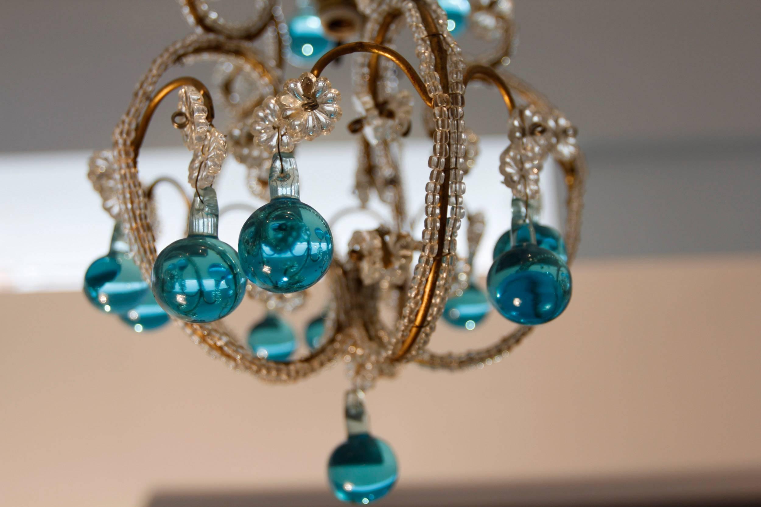 Pair of Vintage Petite Blue Beaded Murano Glass Chandeliers For Sale 4