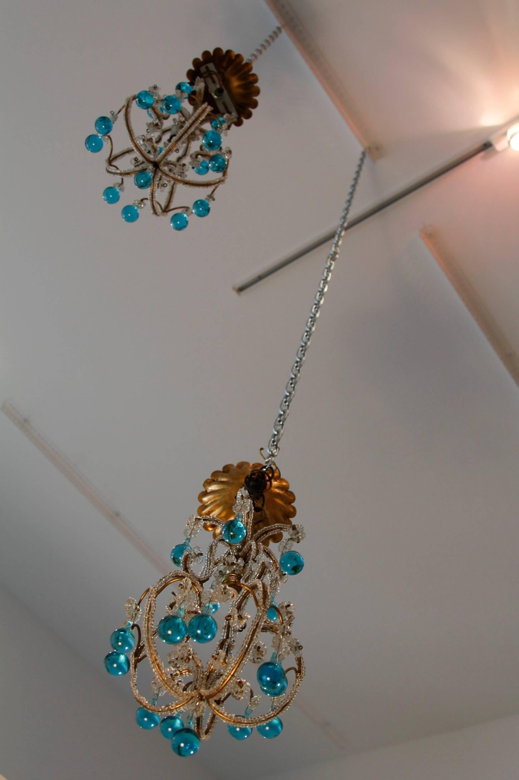 Italian Pair of Vintage Petite Blue Beaded Murano Glass Chandeliers For Sale