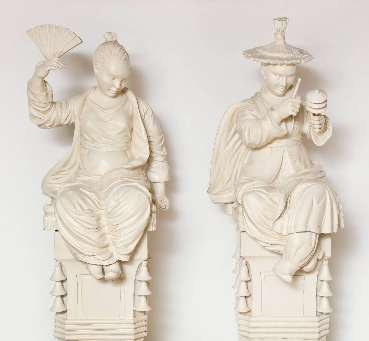 Mid-20th Century Pair of Carved Wood Chinese Figures on Pedestals