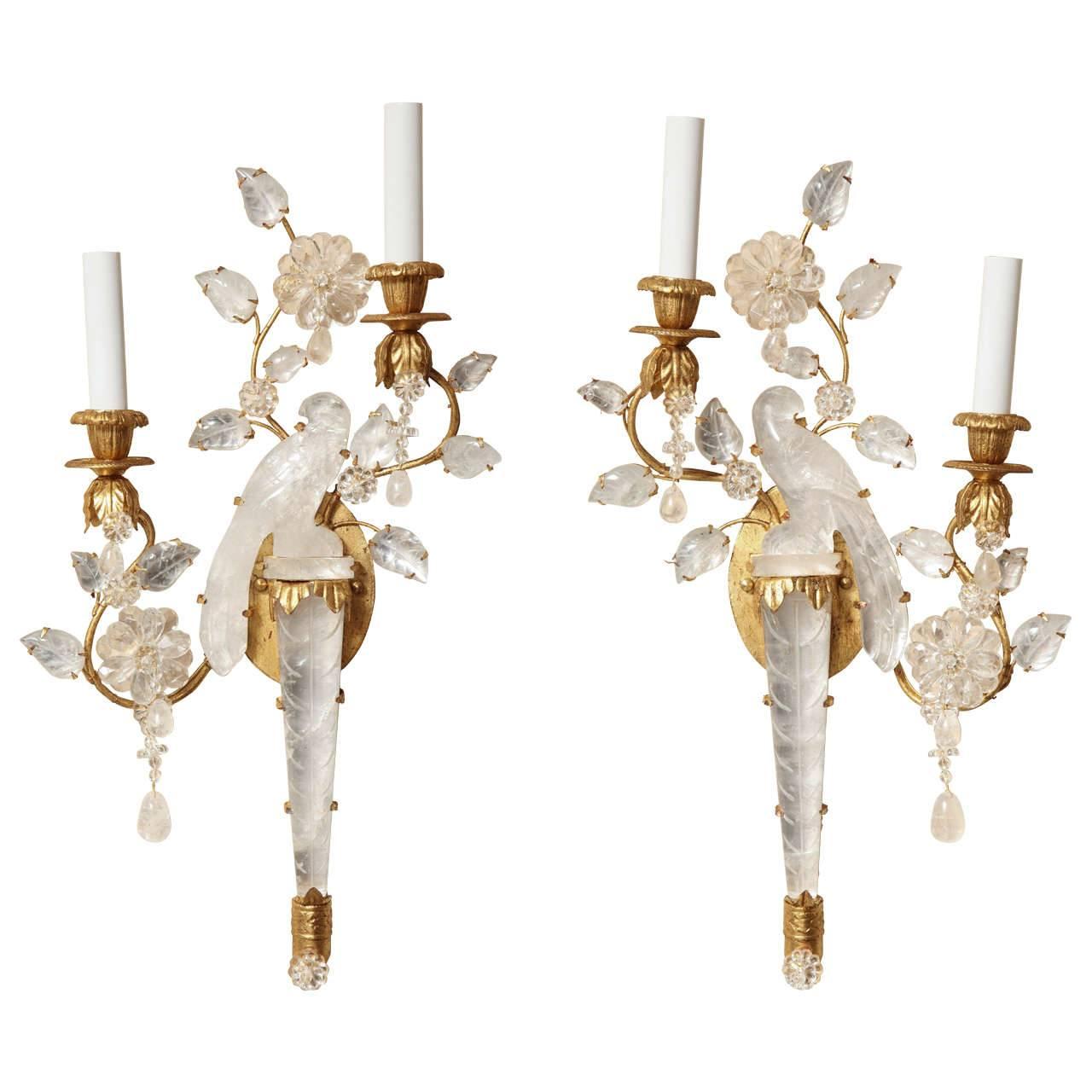 Pair of Bagues Style Two-Light Rock Crystal Sconces