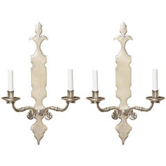 Pair of Two-Light Silver Nickel Sconces with Shaped Backplate