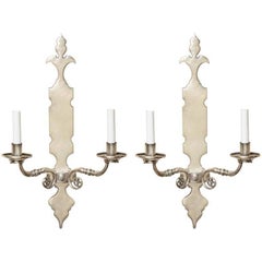 Pair of Two-Light Silver Nickel Sconces with Shaped Backplate 10