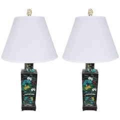 Pair of Chinese Famille Verte Black Ground Table Lamps