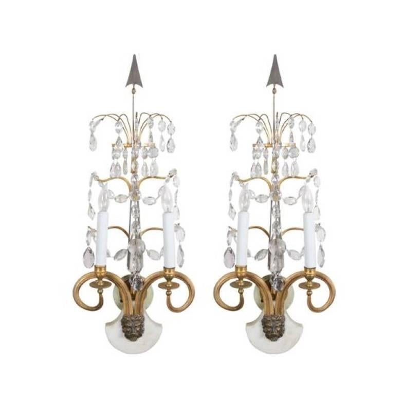 Pair of Important Baltic Neoclassical Ormolu and Crystal Beaded Sconces 