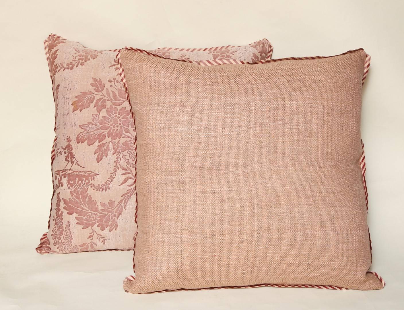 Cotton Pair of Vintage Fortuny Fabric Cushions in the Boucher Pattern