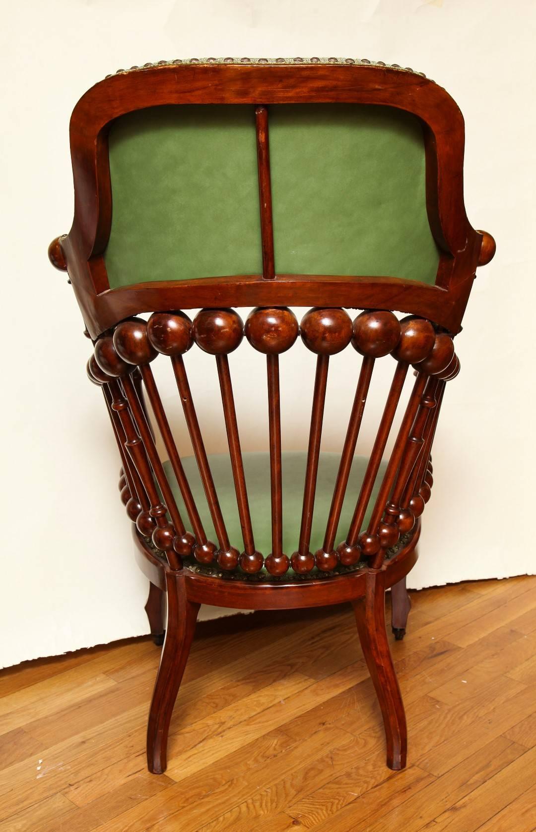Late 19th Century Matching Green Upholstered Armchair and Rocker by Hunzinger