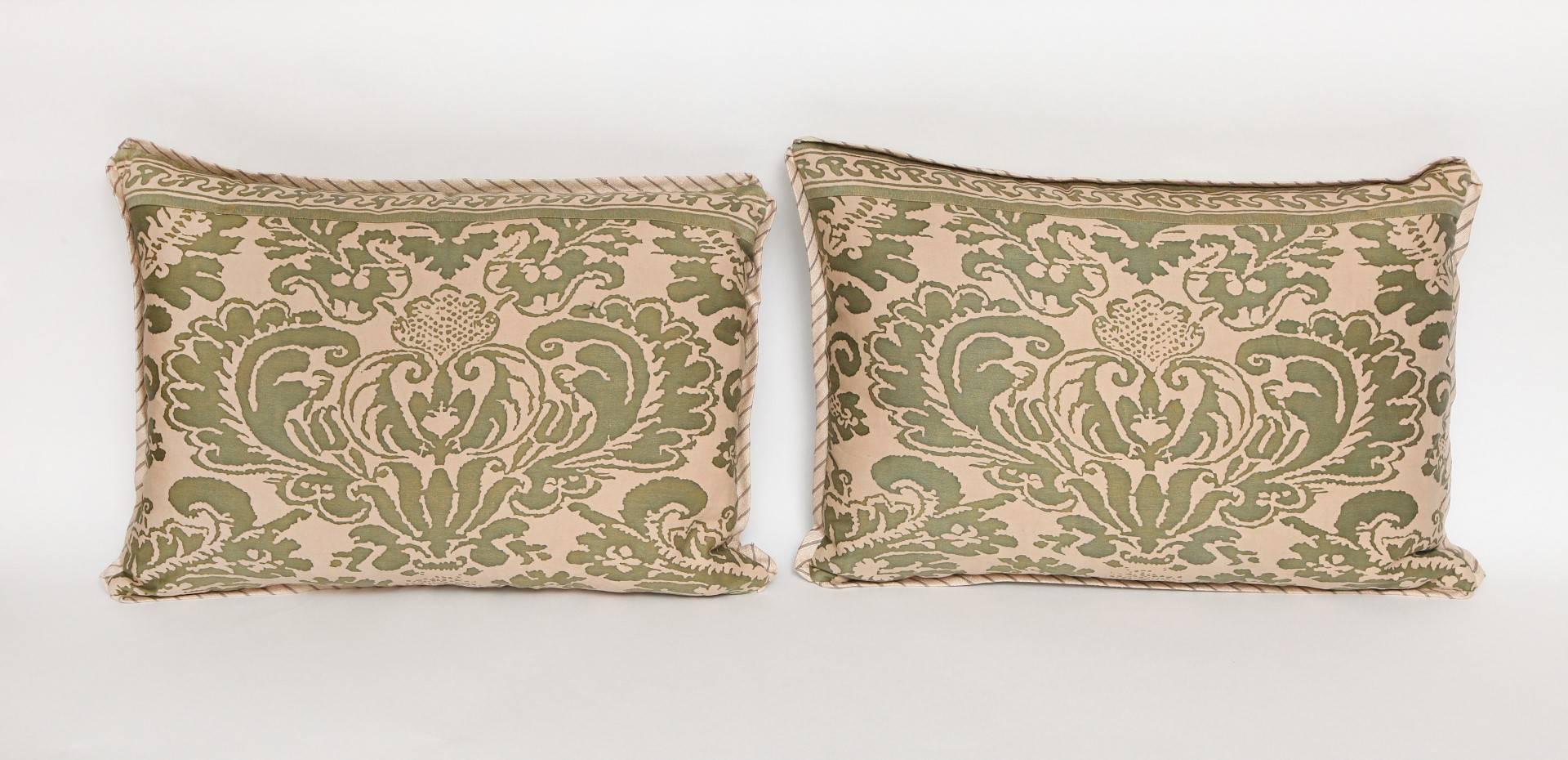 A pair of Fortuny fabric cushions in the Sevigne pattern, rectangular shape, silk backings and bias silk edging, the pattern, as 17th century French design named after Madame de Sevigne. 
50 down/50 feather insert
Newly made using vintage Fortuny