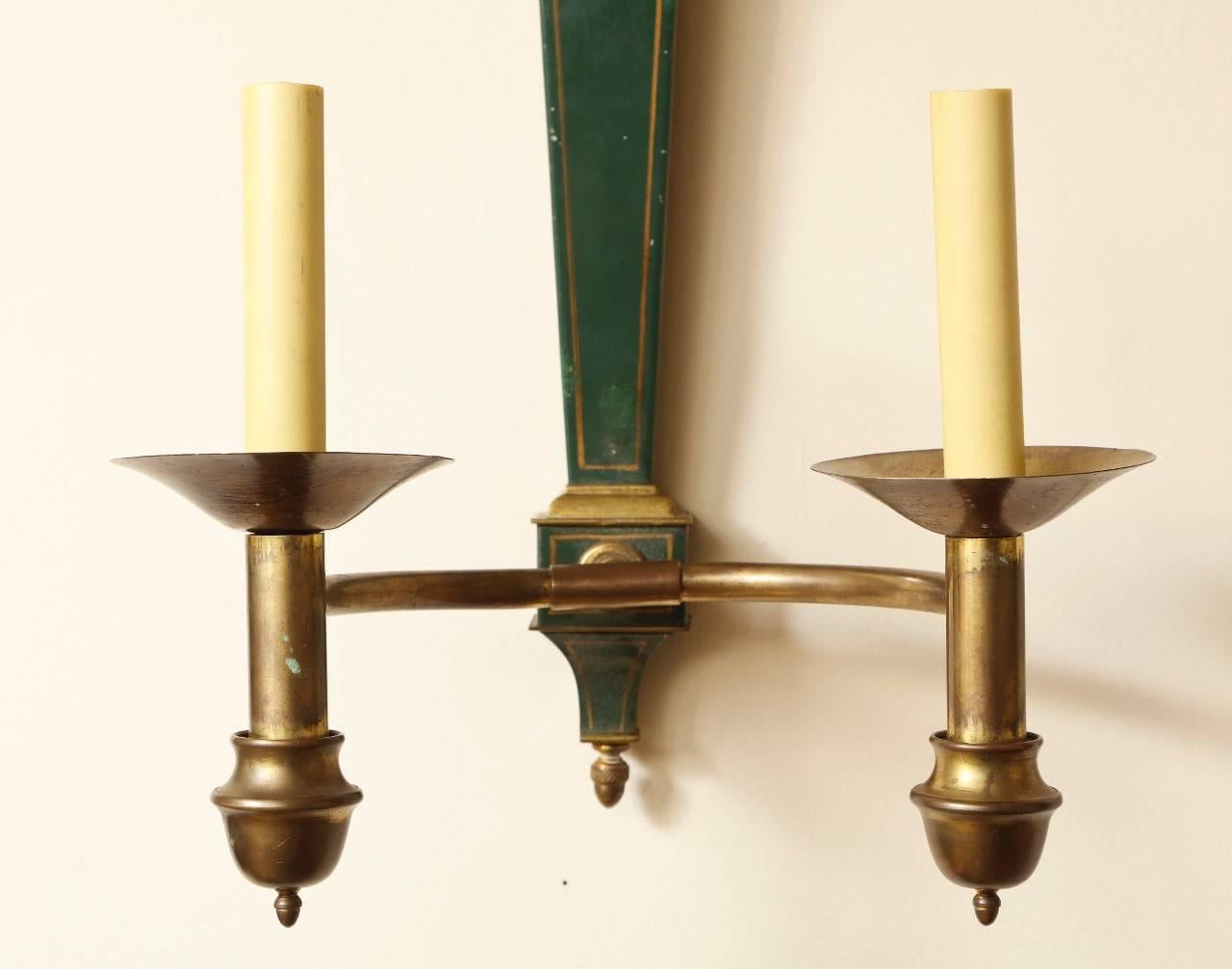 Mid-20th Century French Empire Style Two-Light Bronze and Tole Wall Sconces