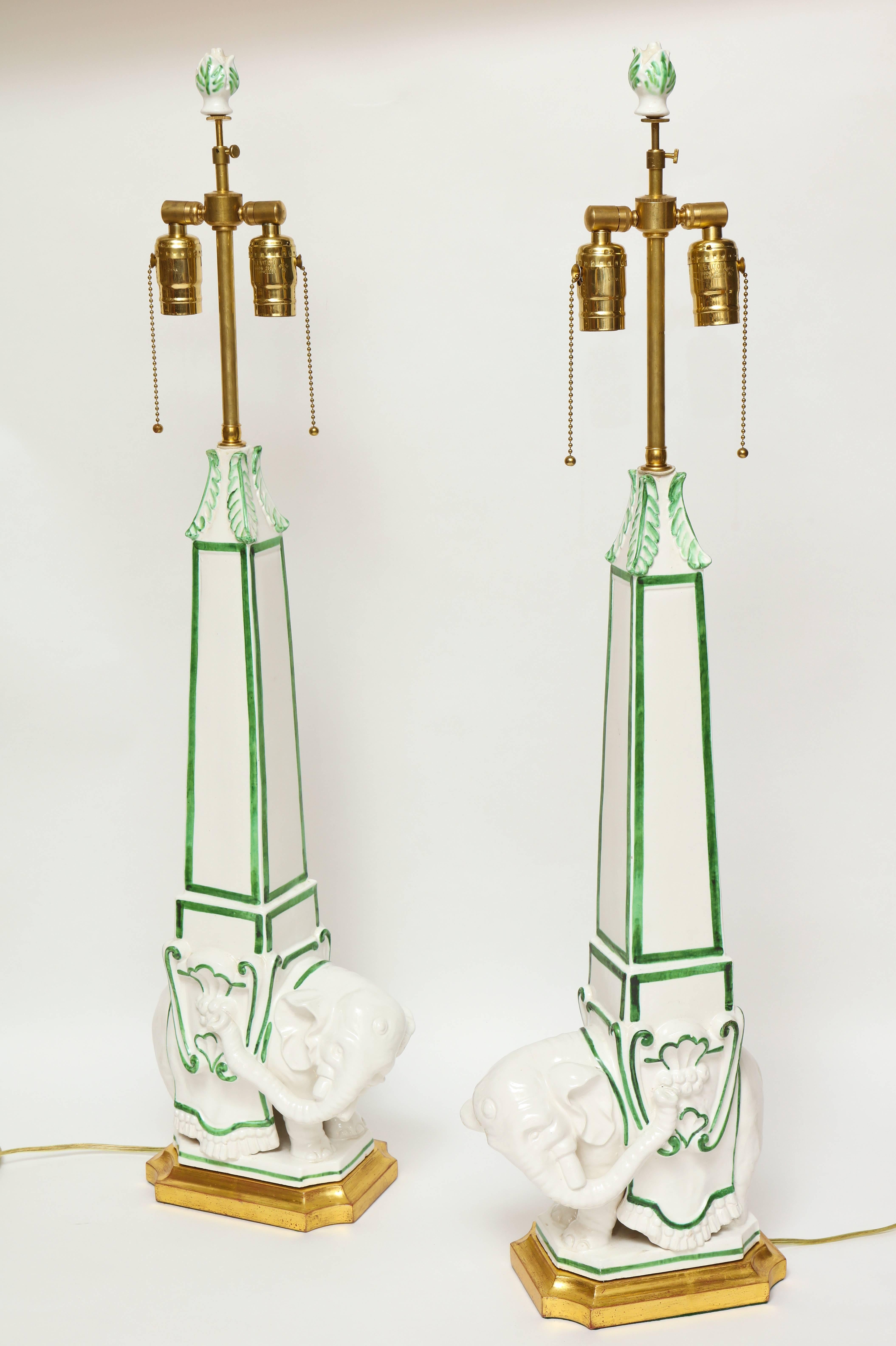 Neoclassical Pair of Italian Ceramic Elephant/Obelisk Lamps