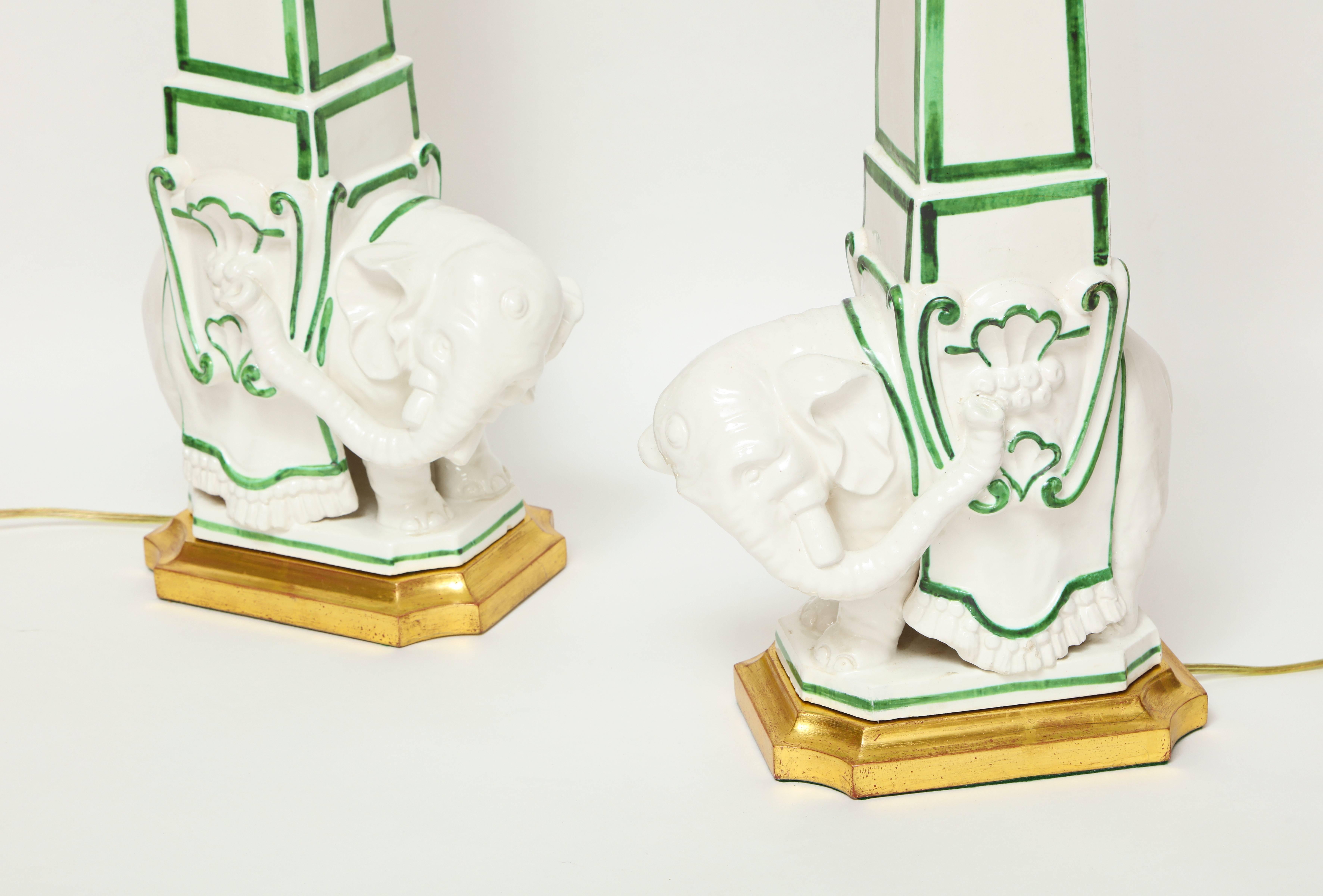 Gilt Pair of Italian Ceramic Elephant/Obelisk Lamps
