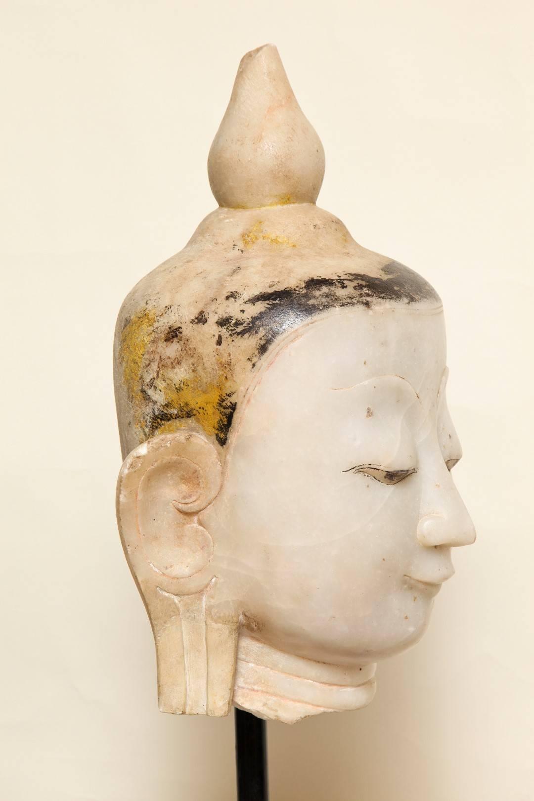Cream Colored Marble Head of Buddha Sculpture In Excellent Condition In New York, NY